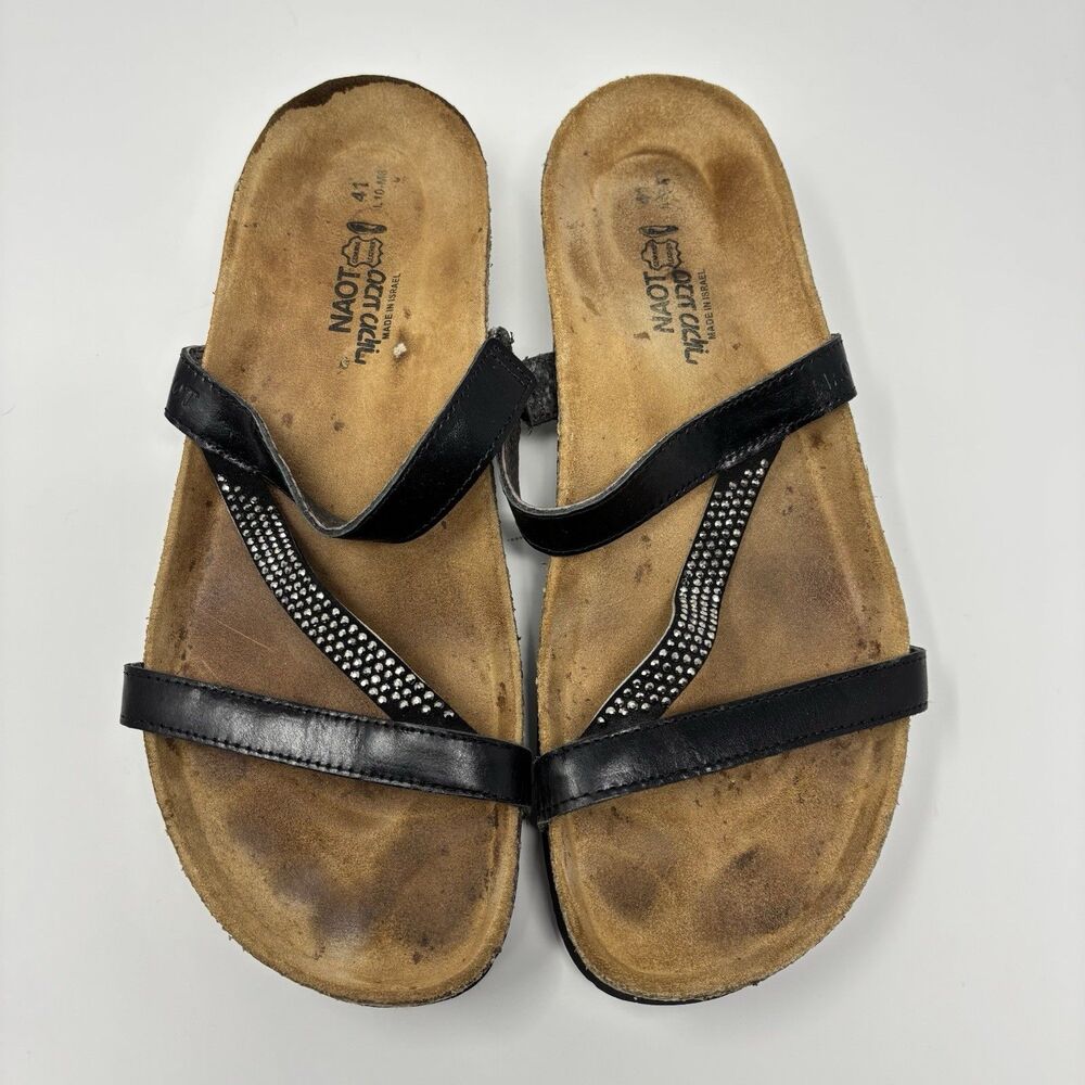 Naot Hawaii Slide Sandals Women's 41 EU 10 US Black Leather Rhinestone Slip On